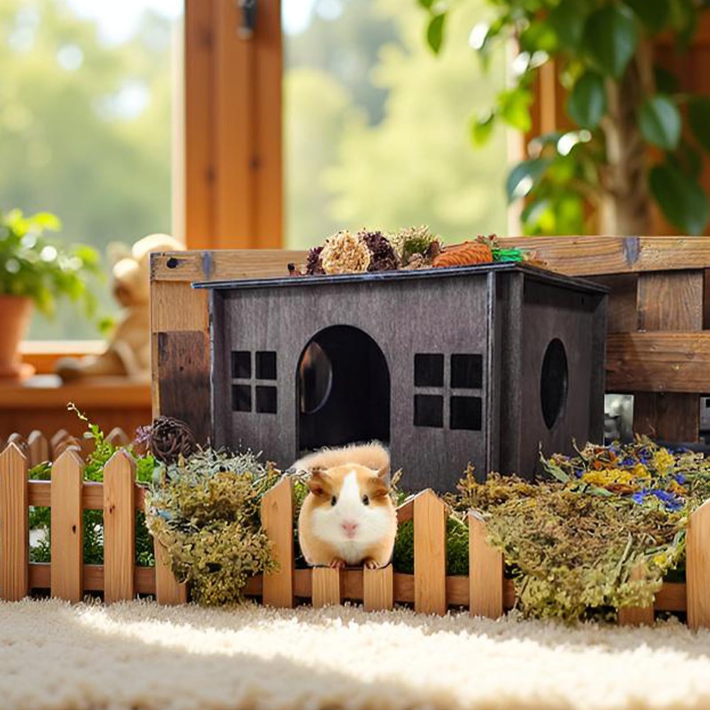 Large Rabbit Hideout, Rabbit Houses and Hideouts, Wooden Bunny House and Hideouts, Bunny Castle with Multiple Windows, Chinchilla and Guinea Pigs Hut Hideout