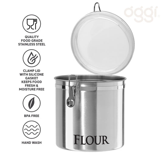 Oggi Jumbo 8" Stainless Steel Flour Clamp Canister - Airtight Food Storage Container Ideal for Kitchen & Pantry Storage of Flour or other Bulk, Dry Foods.