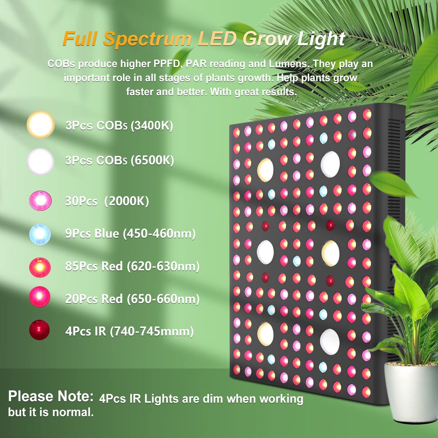 AGLEX 655W COB LED Grow Light, Full Spectrum Plant Grow Lamp with Daisy Chain Veg and Bloom Switch for Hydroponic Greenhouse Indoor Plant Veg and Flower (C3000)