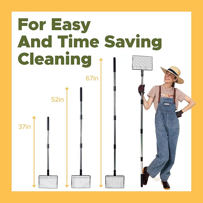 Chicken Poop Scooper for Sand, ¼" Slotted Fine Sifter & Durable Chicken Coop Scoop, Sifting Shovel, Coop Pooper Scooper, Metal Sand Sifter Shovel for Poultry Litter, 2-in-1 Poop Scoop and Rake Tool