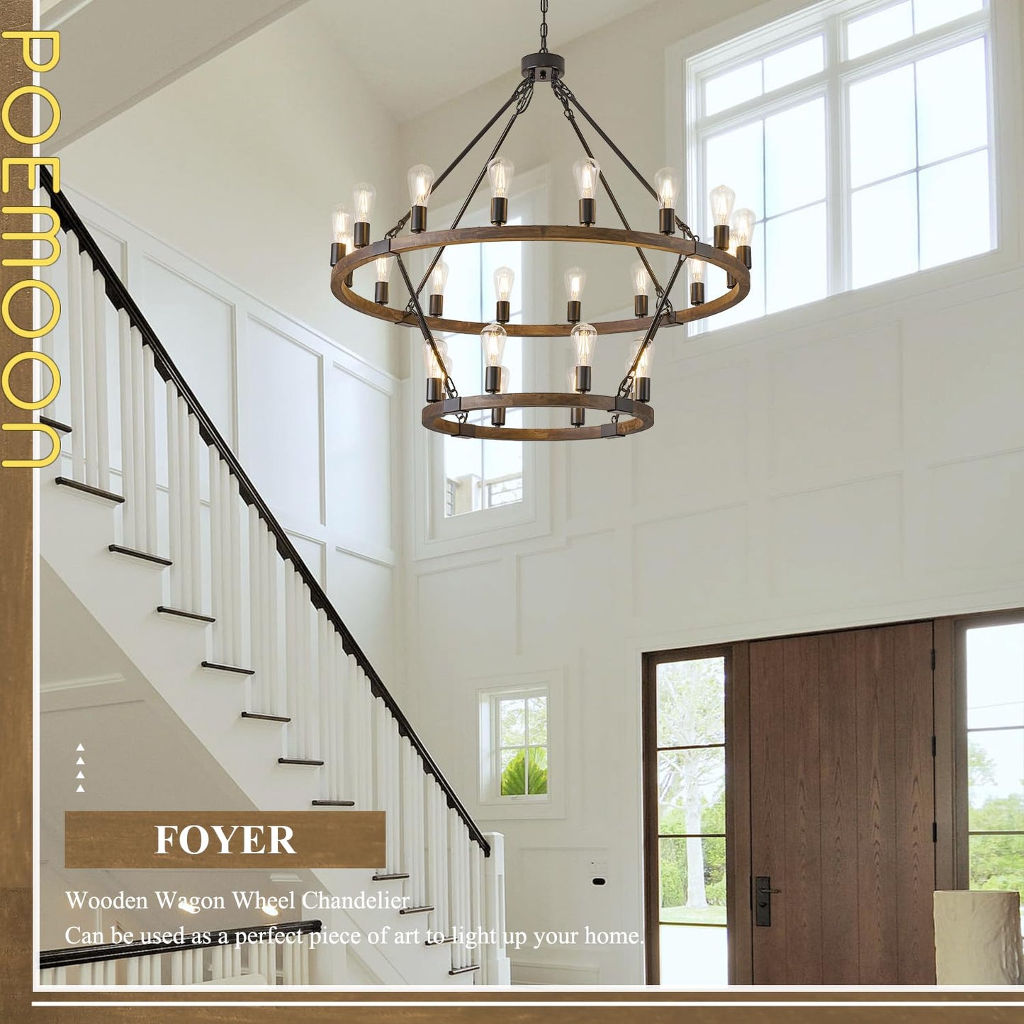 Poemoon 2 Tier Wooden Wagon Wheel Chandelier 43.3'' Farmhouse 24 Lights(16+8) Black Rustic Light Fixture 2-Story Round Wood Chandelier for High Ceiling Living Dining Room Foyer Villa
