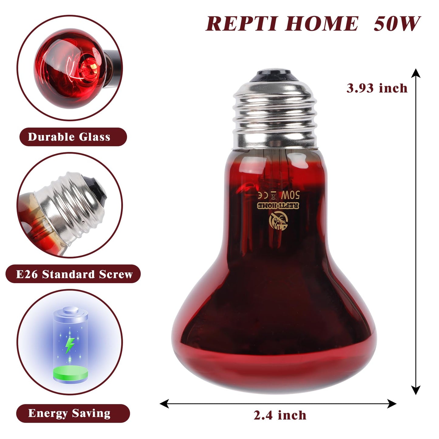 REPTI HOME Reptile Heat Lamp,50W Red Basking Spot Lamp Bulb for Chickens Amphibians, Infrared Heat Emitter Light for Coop