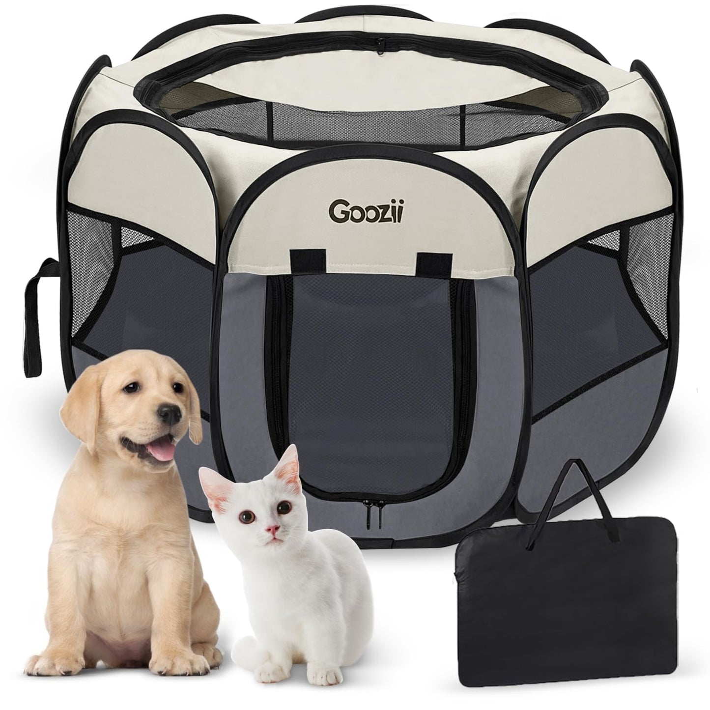 Goozii Pet Cat Playpen for Indoor Cats Enclosed, Puppy Dog Play Pen for Outdoor Travel Camping (Large Size, Beige & Dark Grey)