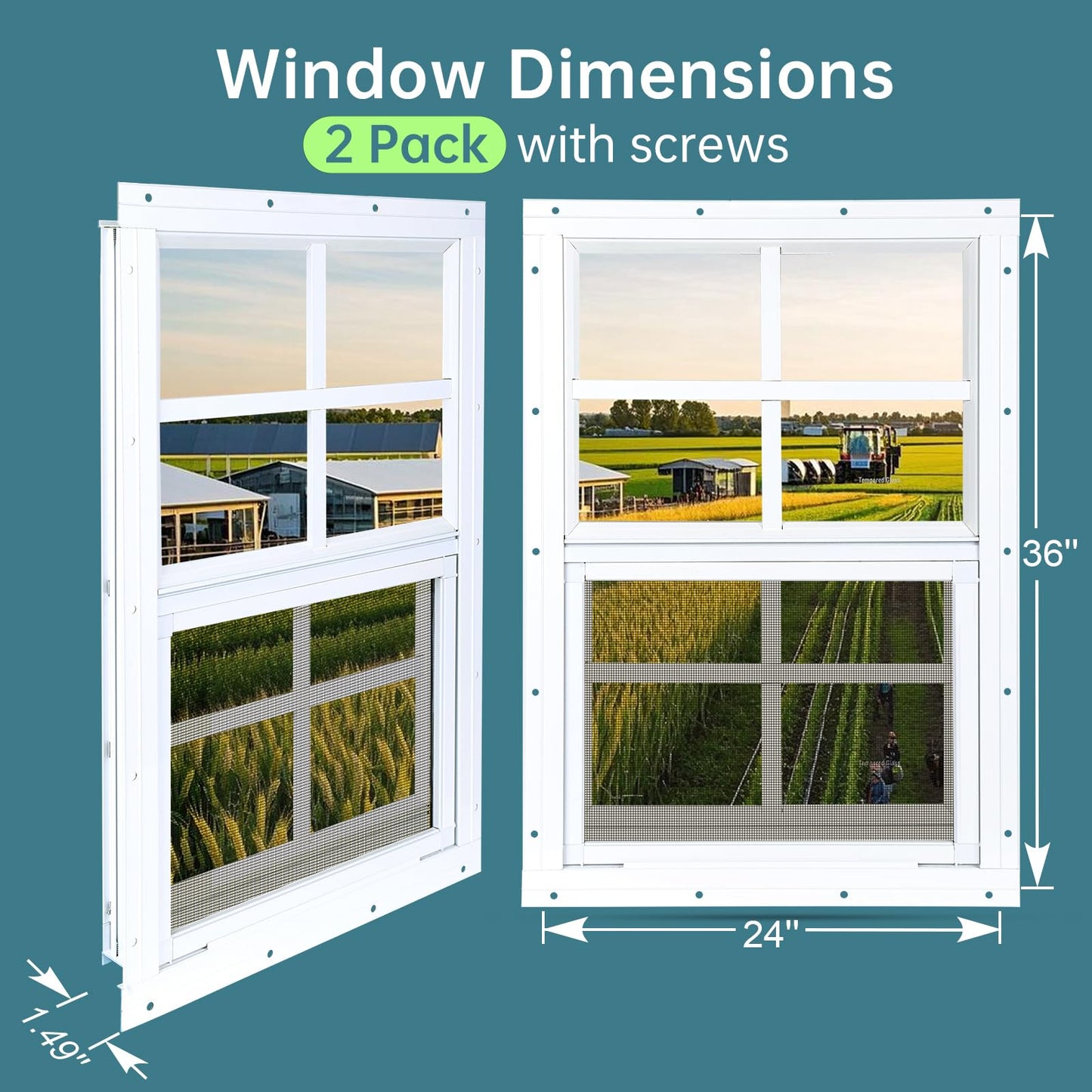 Melkus 2 Pack Shed Windows 24''x36'' Flush Mount Chicken Coop Windows with Tempered Glass and Screen, Sliding Windows for Chicken Coop, Shed, Garage, Playhouse, Barn,Greenhouse, White
