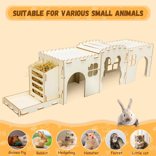 Midollarle Extra Large Wooden Rabbit Castle with 3 Houses, Wood Bunny House and Hideout with Grass Feeder,Indoor Rabbit Hideaway Hutch for Hamster Guinea Pig Chinchilla Ferret Small Animal Hut to Hide