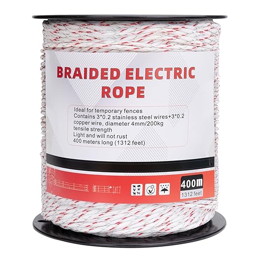 Electric Fence Turbo Wire,6 Braided Copper and stainlee Steel Providing 4X More Conductivity Than polywire,1312Feet Strength 200kg,4mm Diameter, Electric Fence Braided Rope for Horse Fencing