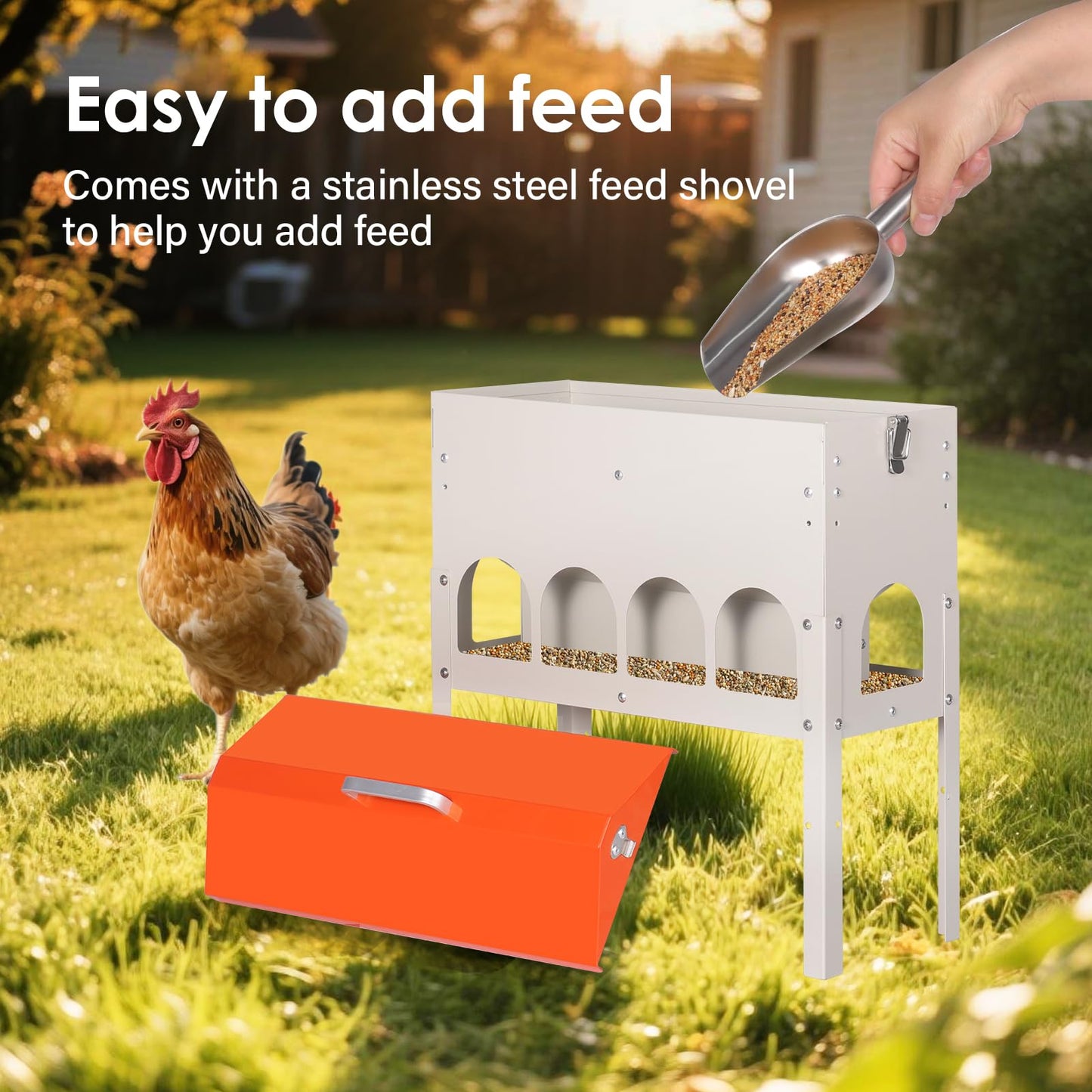 PAUQRWIE 15lbs Automatic Chicken Feeder - 10 Feeding Ports, No Waste Poultry Feeder Large Feeding Though Dispenser for Chickens Duck Turkey Pheasant Chicken Coop