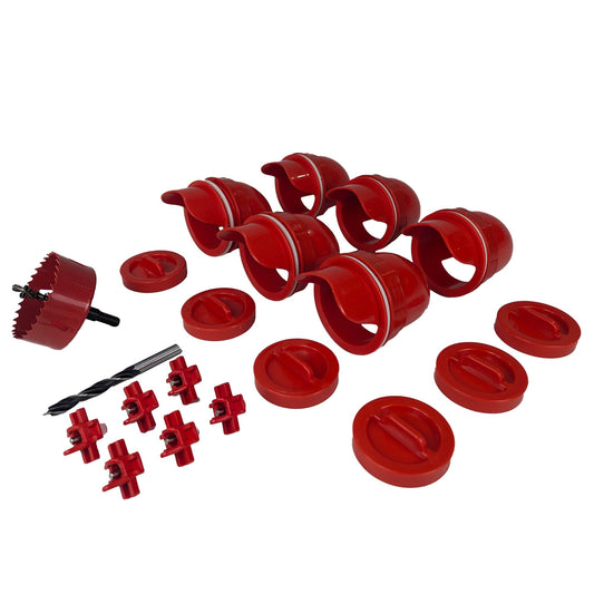 Hen's Choice™ DIY Chicken Feeder Port and Waterer Kit, Rain Proof/Reduced Waste, for 5 Gallon Bucket, Trash Can, Container | Includes Hole Saw & Drill Bit (Red (x6))
