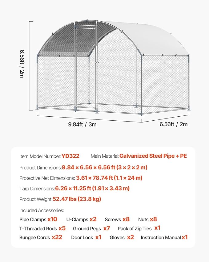 VEVOR Large Metal Chicken Coop with Run, 9.8 x 6.5 x 6.5ft Walkin Chicken Coop for Yard with Waterproof Cover, Dome Roof Large Poultry Cage for Hen House, Duck Coop and Rabbit Run