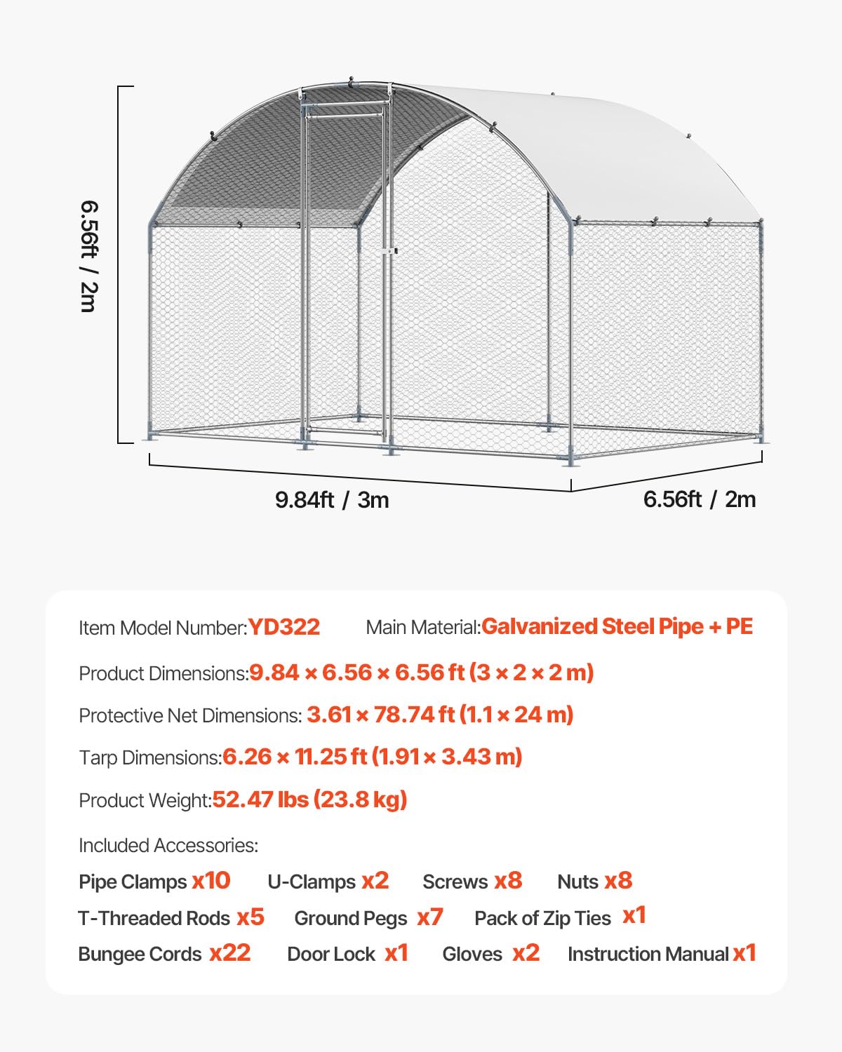 VEVOR Large Metal Chicken Coop with Run, 9.8 x 6.5 x 6.5ft Walkin Chicken Coop for Yard with Waterproof Cover, Dome Roof Large Poultry Cage for Hen House, Duck Coop and Rabbit Run
