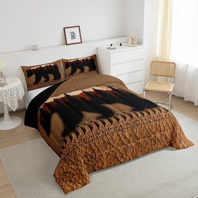 Bear Queen Comforter Set Brown Patchwork Cowhide Quilt Bedding Sets Hunting Woodland Animal Bedding Comforters For Boys Men,Wildlife Antler Duvet Insert 2 Pillow Cases Rustic Farmhouse Room Decor
