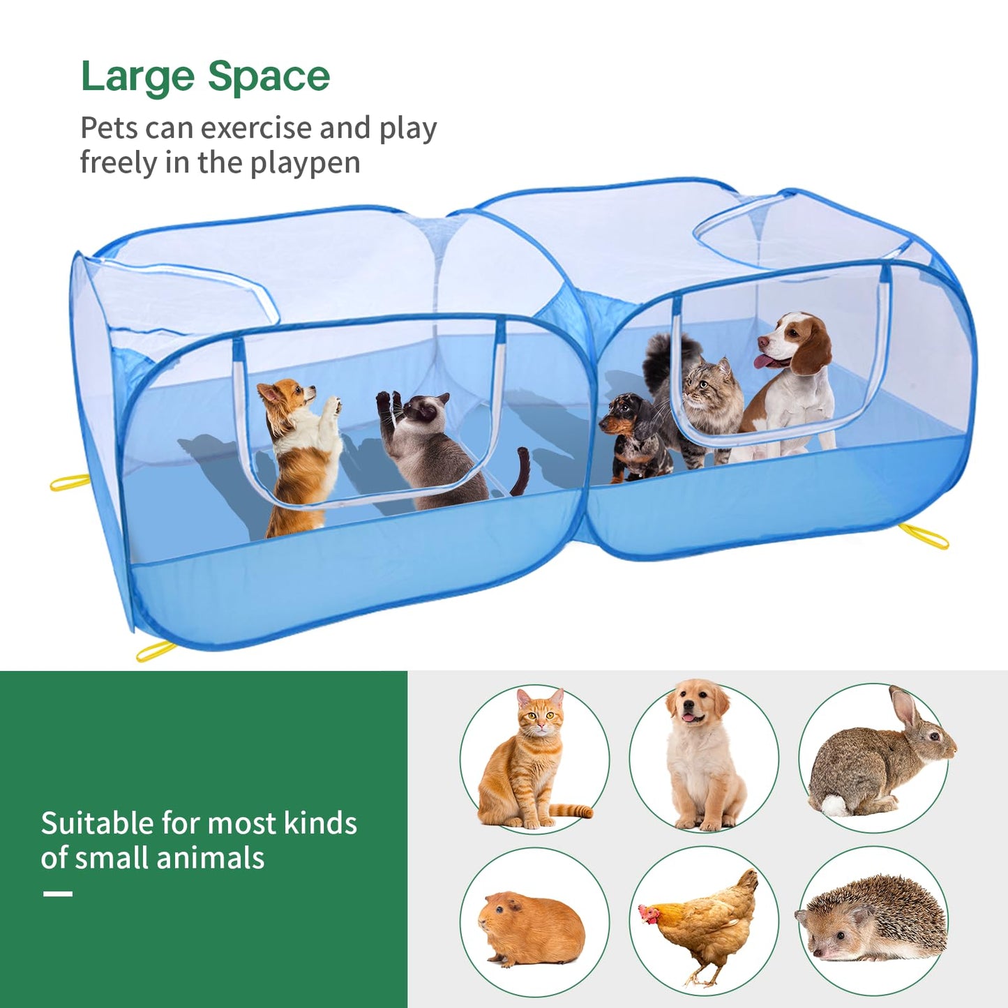 Jhua Pet Playpen for Small Animals, Portable Chicken Run with Detachable Bottom and Cover, Foldable Chicken Coop Indoor Outdoor Pet Pen with Transparent Mesh Walls for Chicken Duck Puppy Cat Rabbit