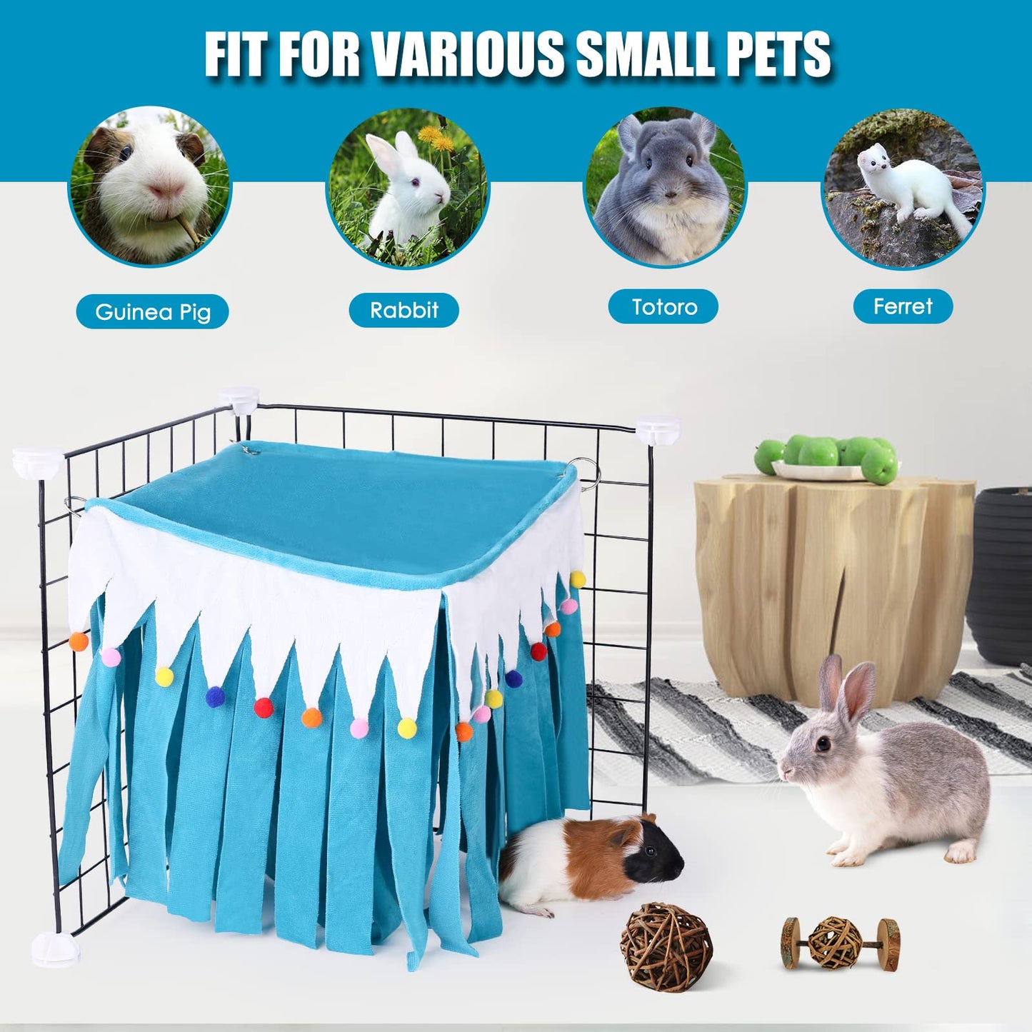 ONEJU Guinea Pig Hideout - Guinea Pig Corner Hideout, Four-Sided Fringes, Square Top and Washable Hides, Ideal Hides for Small Pets, No Metal Fences, Blue