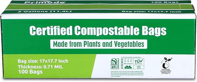 Compost Bags, Compostable Trash Bags 3 Gallon Compostable Bags Small Compost Bags for Countertop bin Extra Thick 0.71 Mil. ASTM D6400 Certified By BPI and TÜV AUSTRIA (3 Gallon, 100 Units)
