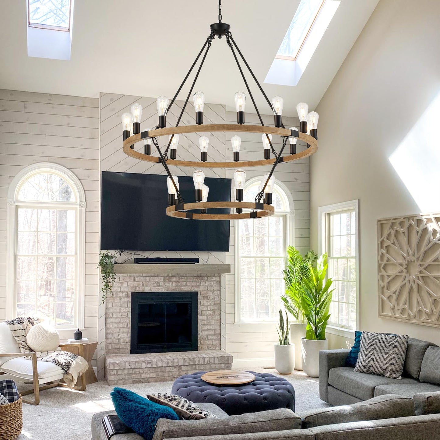 brfaixla 2-Tiers Natural Wagon Wheel Wood Chandelier Farmhouse 24-Light(16+8) 43.34’’, Black Metal Chandeliers 2-Story Rustic Light Fixtures for High Ceiling Living Dining Room Foyer
