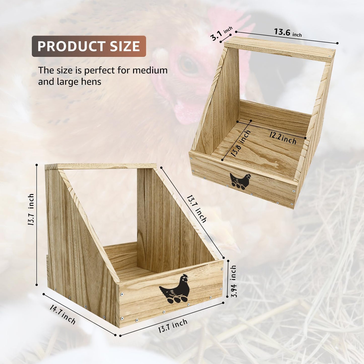 Nesting Boxes for Chickens - Wooden Chicken Nesting Box for Chicken Coop Accessories, Sturdy Wall Mount Egg Laying Box for Hens, Chickens, and Ducks（2 Pack）
