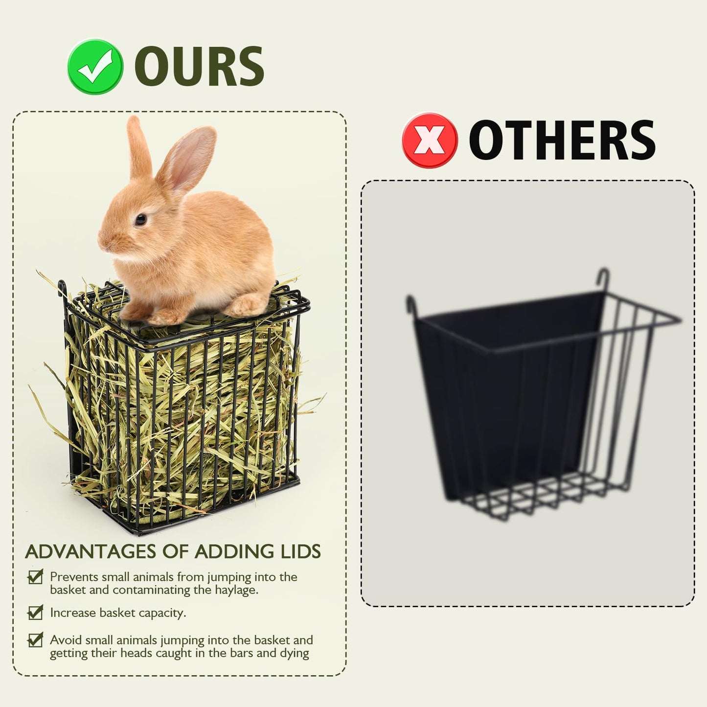 ANDOUNIER New Upgraded Rabbit Hay Feeder,Comes with Lid to Prevent Critters from Jumping in,Metal Frame Hay Rack with Adjustable Hook,for Rabbits Guinea Pigs Bunny Chinchillas Small Animals (Black)