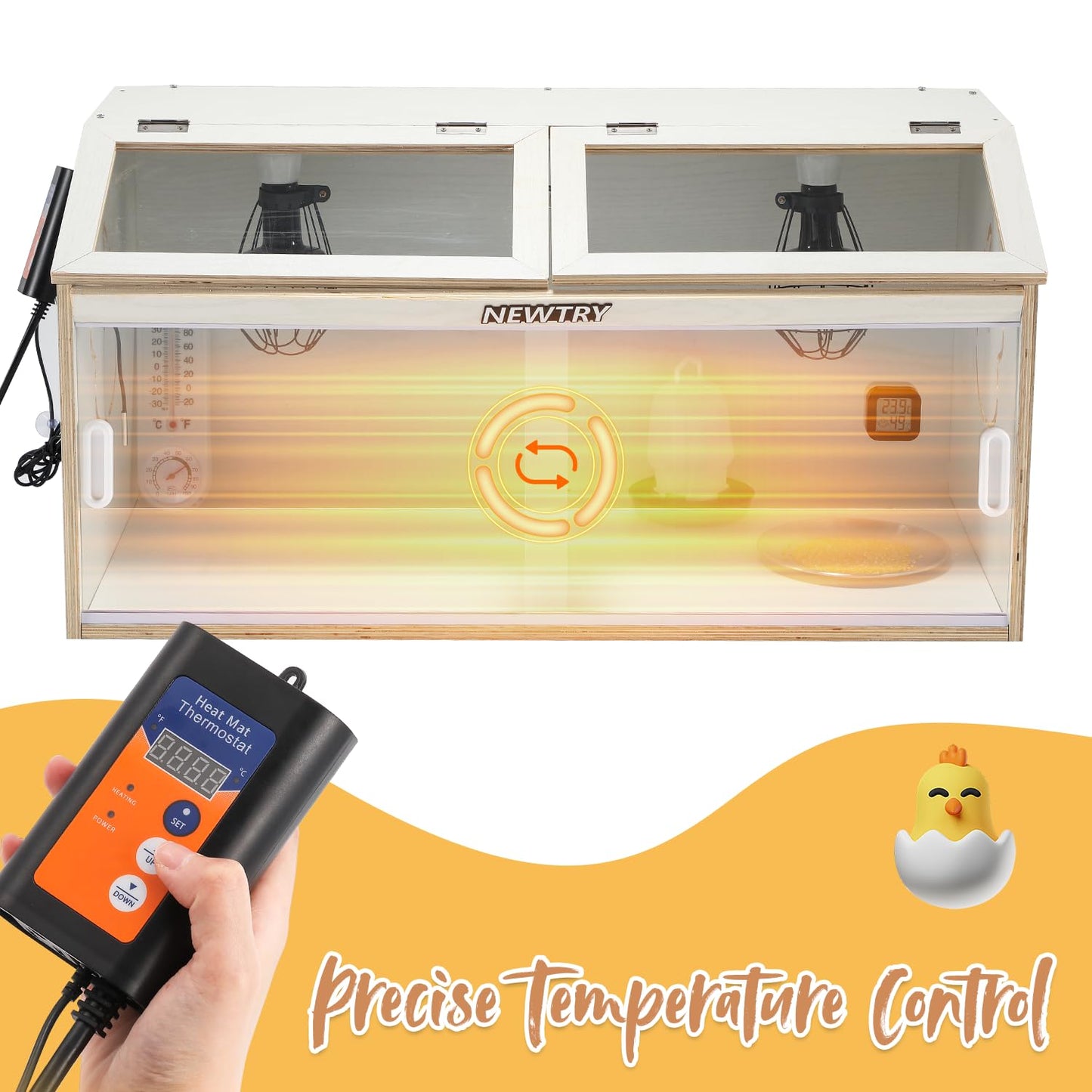 NEWTRY Chicken Brooder Box 32” Intelligent Sliding-Door Chick Brooder with 3 Heating Lamp, 1 Temp Controller, 2 Types of Thermometer Brooder Box up to 35 Chicks Quail Birds