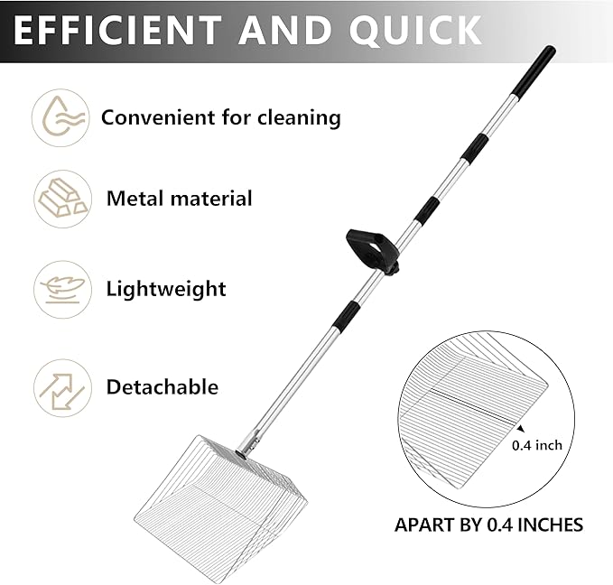16-inch Large Chicken Poop Scooper with Ergonomic Grip, 4 in 1 Adjustable Chicken Coop Litter Scoop (31 to 77"), Multifunctional Litter Sifting Shovel Scoop- for Chicken Coop/Goat Stall/Stable