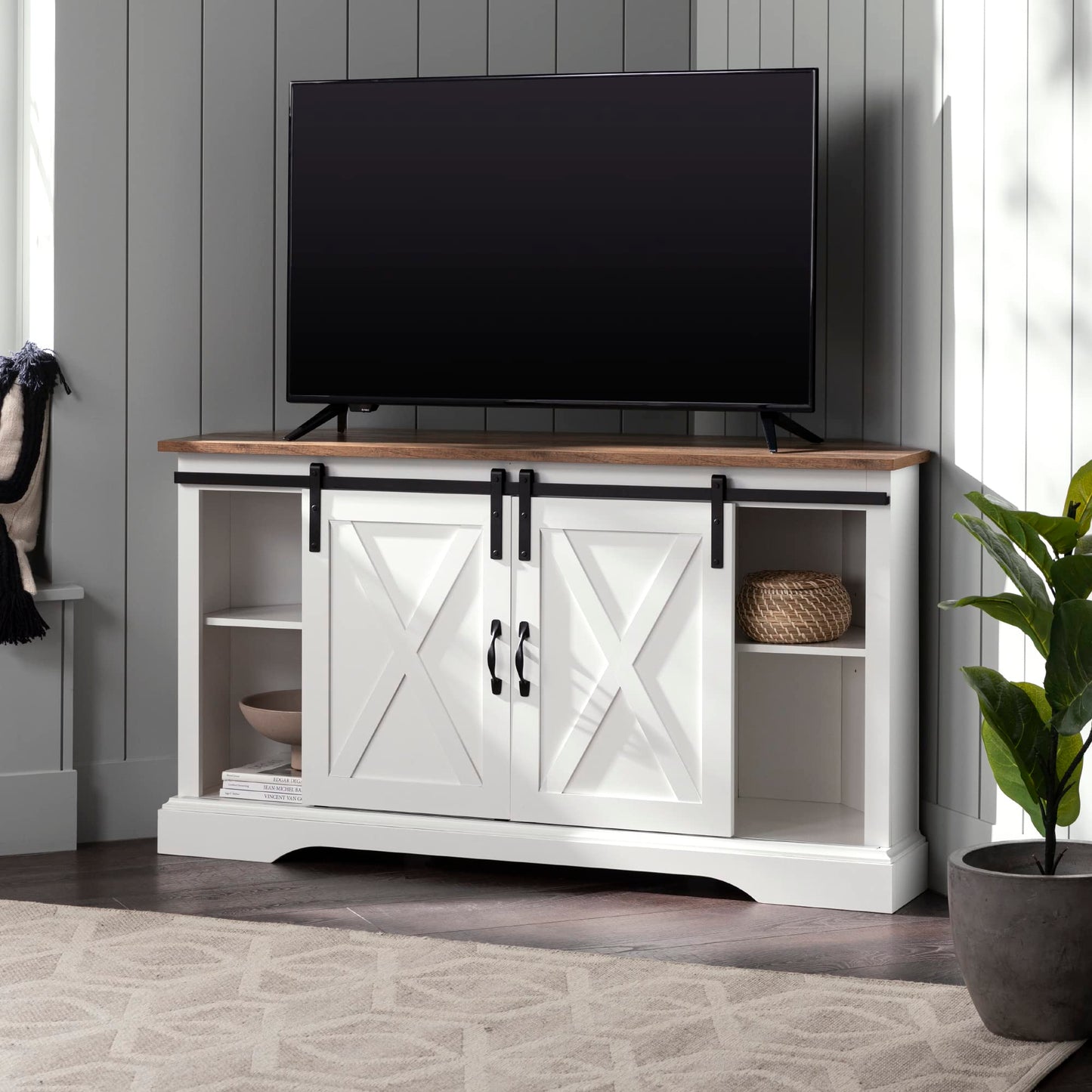 Walker Edison Everette Modern Farmhouse Double Sliding X Barn Door Stand for TVs up to 58 Inches, 52 Inch, Reclaimed Barnwood and Solid White