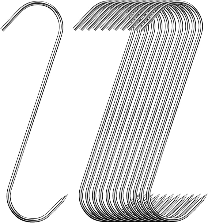 12 Pcs Stainless Steel Meat Hooks, 8 Inch S Shaped for Hanging Bacon, Sausage, Ribs, Drying, Grilling BBQ Market