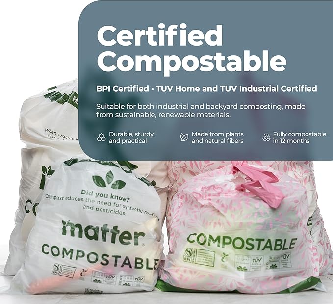 Matter Compostable Variety Pack 3 Gallon and 13 Gallon Kitchen Trash Bags with Drawstring, Unscented, Durable, Leak-Resistant, Eco-Friendly, 70 Count