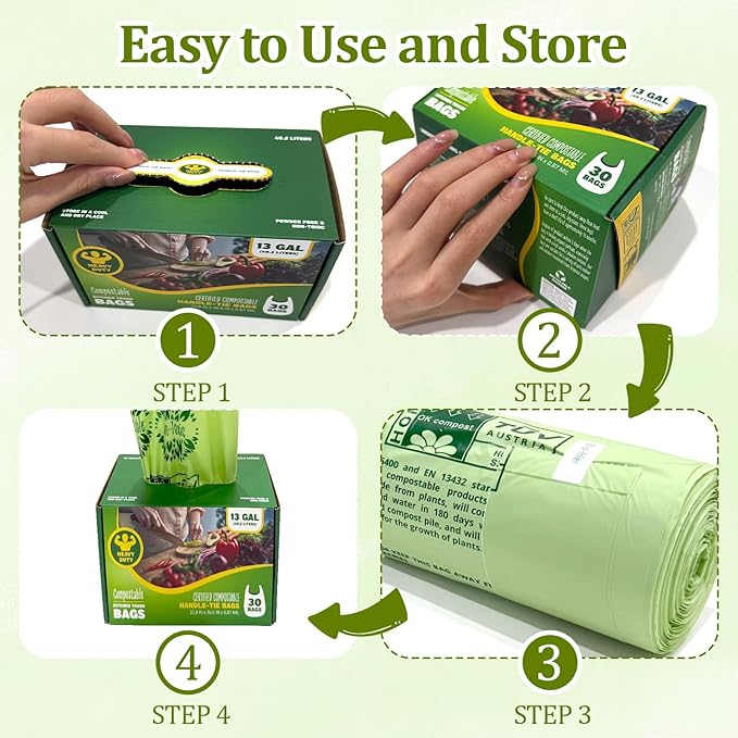 10-13 Gallon Compostable Trash Bags Handle-Tie, Heavy Duty Thick 0.87 Mil, 49.21 Liter, 30 Bags, Tall Kitchen Food Scrap Waste Bag, ASTM D6400, US BPI and OK Compost Home Certified