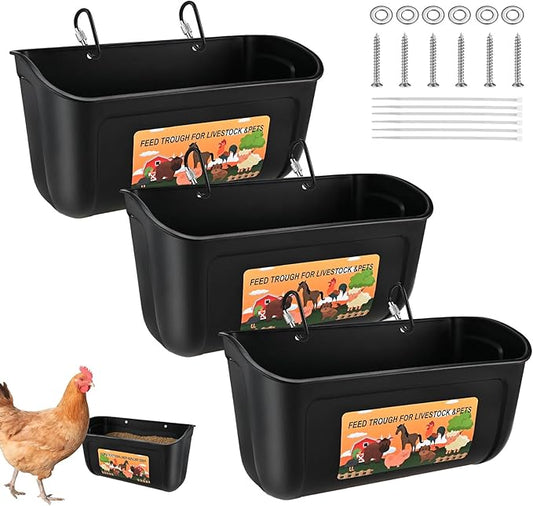 3 Pack Hanging Chicken Feeder Waterer, Duck Feeder for Outside with Clips, Water Trough for Duck Goose Goat Pig Deer, Durable Poultry Feeding Water Container, Small