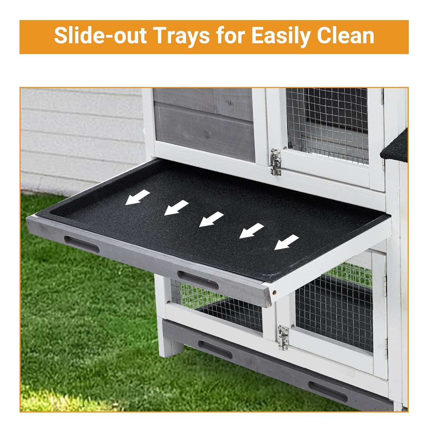 63'' Bunny Hutch Indoor Bunny Cage, with 3 Leak-Proof Removable Trays, Wooden Waterproof Roof Rabbit Hutch Indoor/Outdoor, 2-Tier Bunny House/Chicken Coop, Gray and Black