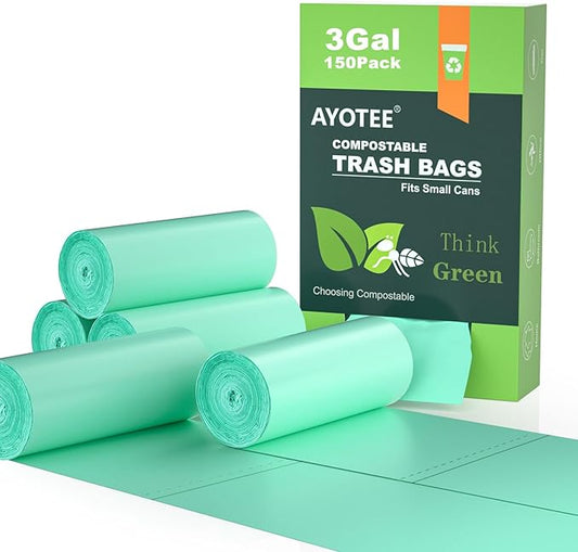 Small Compost Bags 3 Gallon 150 Packs,AYOTEE Compostable Trash Bags 3 Gallon, Small Biodegradable Trash Bags, Compost Bags For Countertop Bin,3 Gallon Compostable Bags Fit Compost Bin Bags.