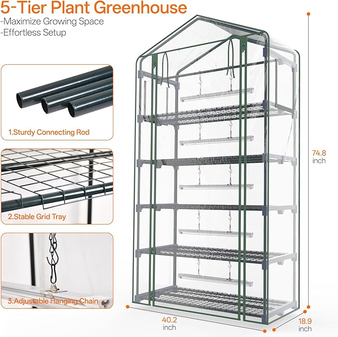 Bstrip Indoor Greenhouse with Grow Light, 5-Tier Large Green House, 5Pcs Grow Lights for Seed Starting with Timer, PVC Tent with Airflow Windows, Indoor Greenhouse Cabinet 40.2x18.9x74.8in
