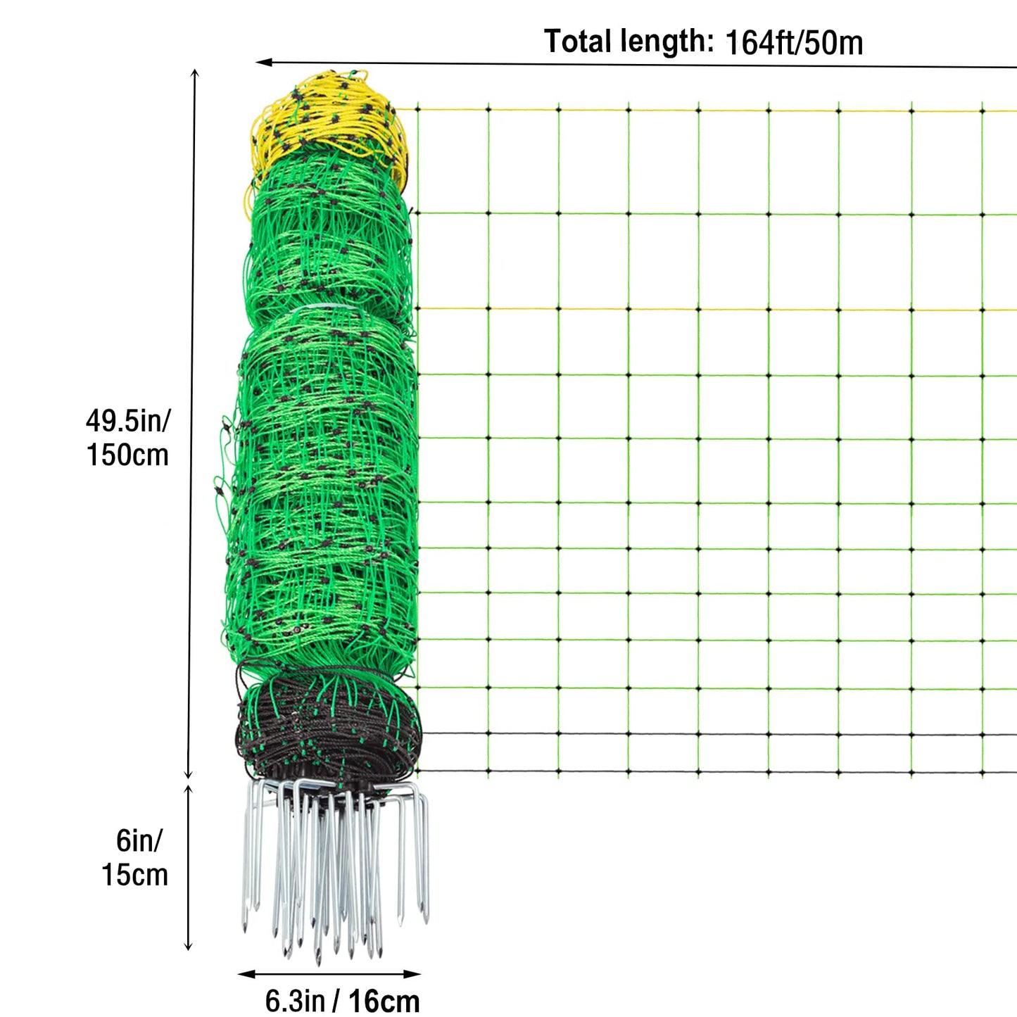 TMEE Electric Fence Netting Livestock Fencing for Goat with 14 Posts Double Spiked, Portable Mesh for Sheep, Deer, Hogs, Dogs in Backyards, Farms and Ranches, 49.6" H x 164' L, Green