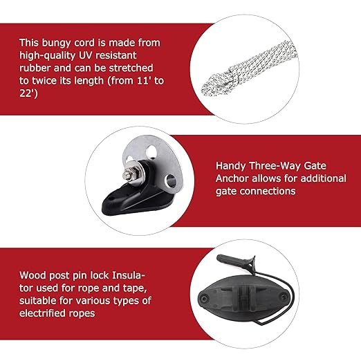 Electric Fence Bungy Gate Kit, Electric Fence Handles with Elasticized Rope for Livestock, Insulators Temporary System, Easy Installation