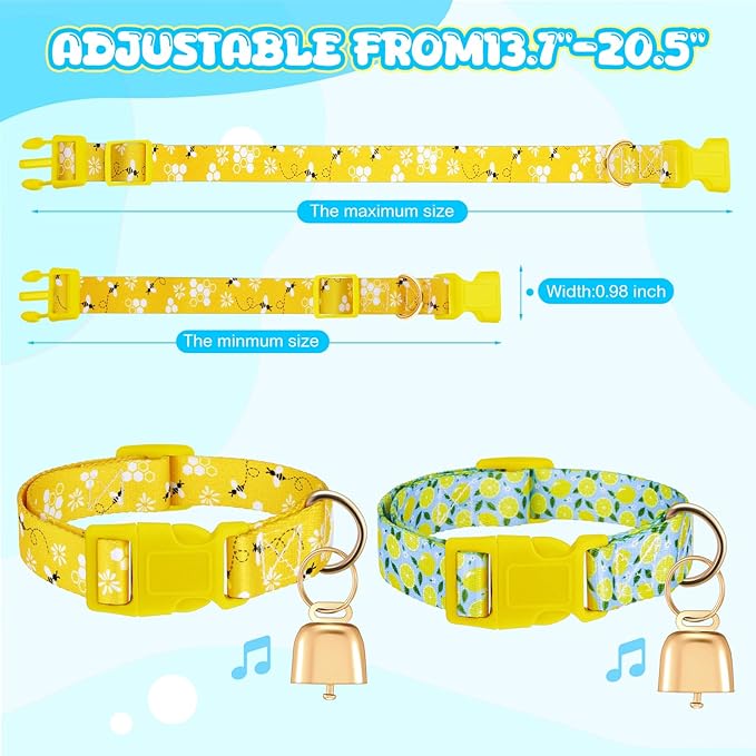 Talltalk 2 Pack Goat Collars with Bells Grazing Copper Bell and Adjustable Nylon Collar Set Loud Bronze Bell for Farm Sheep Cow Sheep Dog Accessories Christmas Thanksgiving Gift(Lemon, Bee)