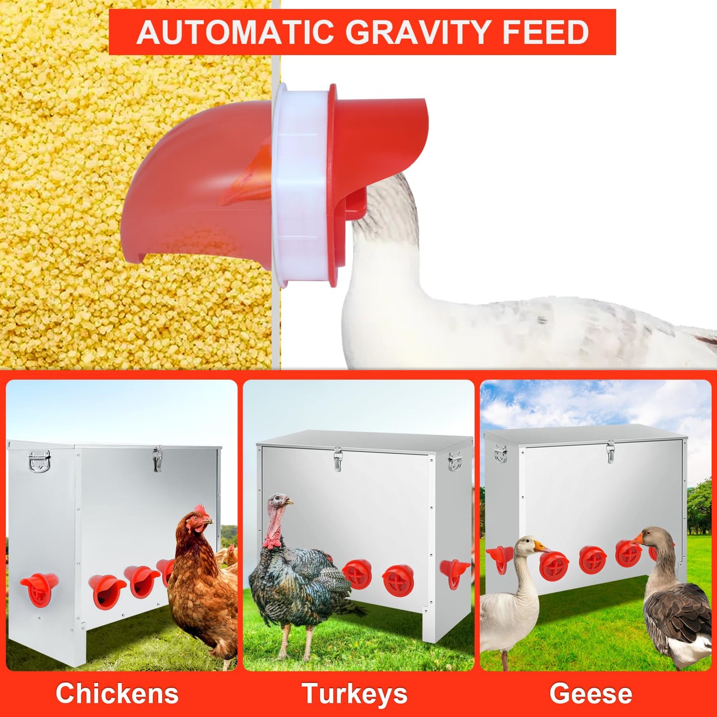 RYFT 85lbs Automatic Chicken Feeder Large Capacity, 10-Port Galvanized Metal Poultry Feeder for Chickens, Geese, Ducks, Turkeys, Quails