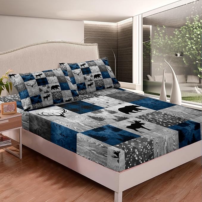 Rustic Bear Sheet Set Twin,Deer Antlers Moose Bed Sheets for Kids Boys Girls,Woodland Hunting Animal Bedding Set Bedroom Decor,Vintage Jungle Animal Patchwork Fitted Sheet + Flat Sheet + 1 Pillowcase