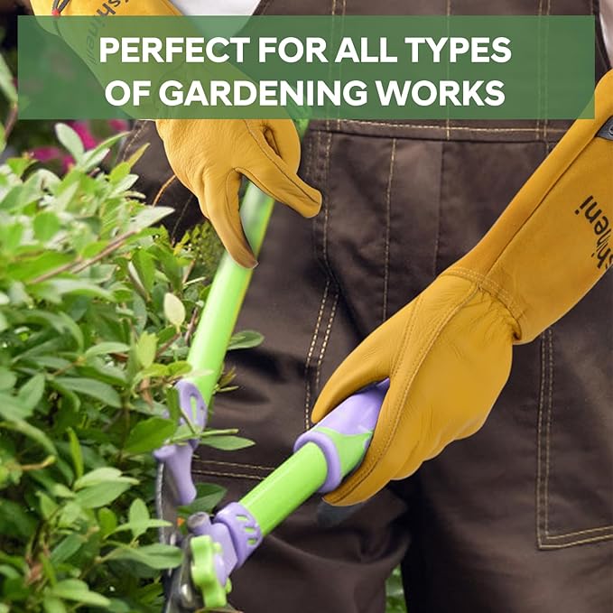 Garden Gloves, Thorn Proof Rose Pruning Gardening Gloves for Men & Women, Long Leather Glove for Weeding, Planting, Digging, Medium Size