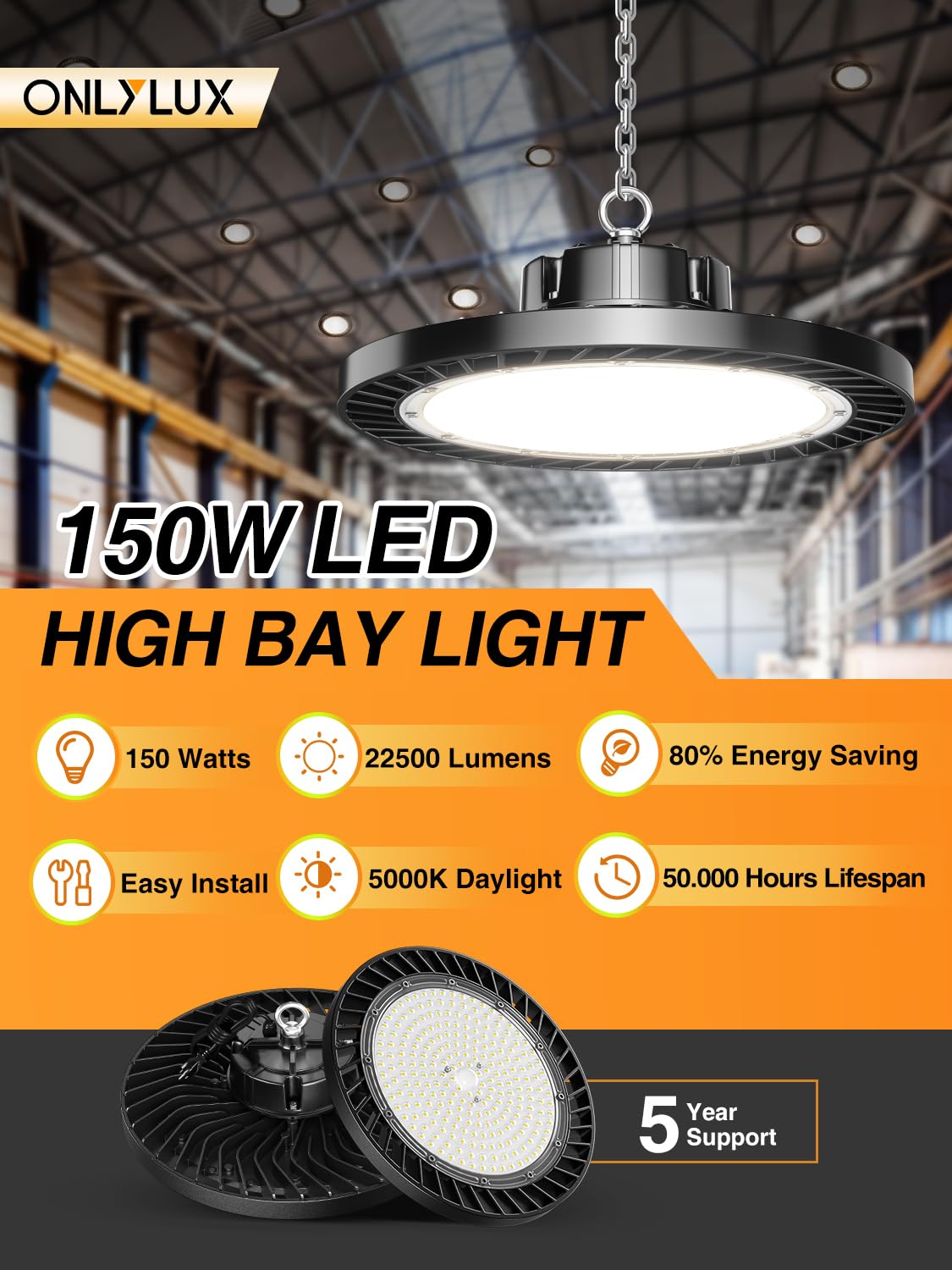 ONLYLUX 12 Pack UFO LED High Bay Light, 150W 5000K Daylight, 22500LM (Eqv. 800W MH/HPS), Commercial High Bay LED Shop Lights with US Plug for Garage Workshop Warehouse Barn, Plug&Play