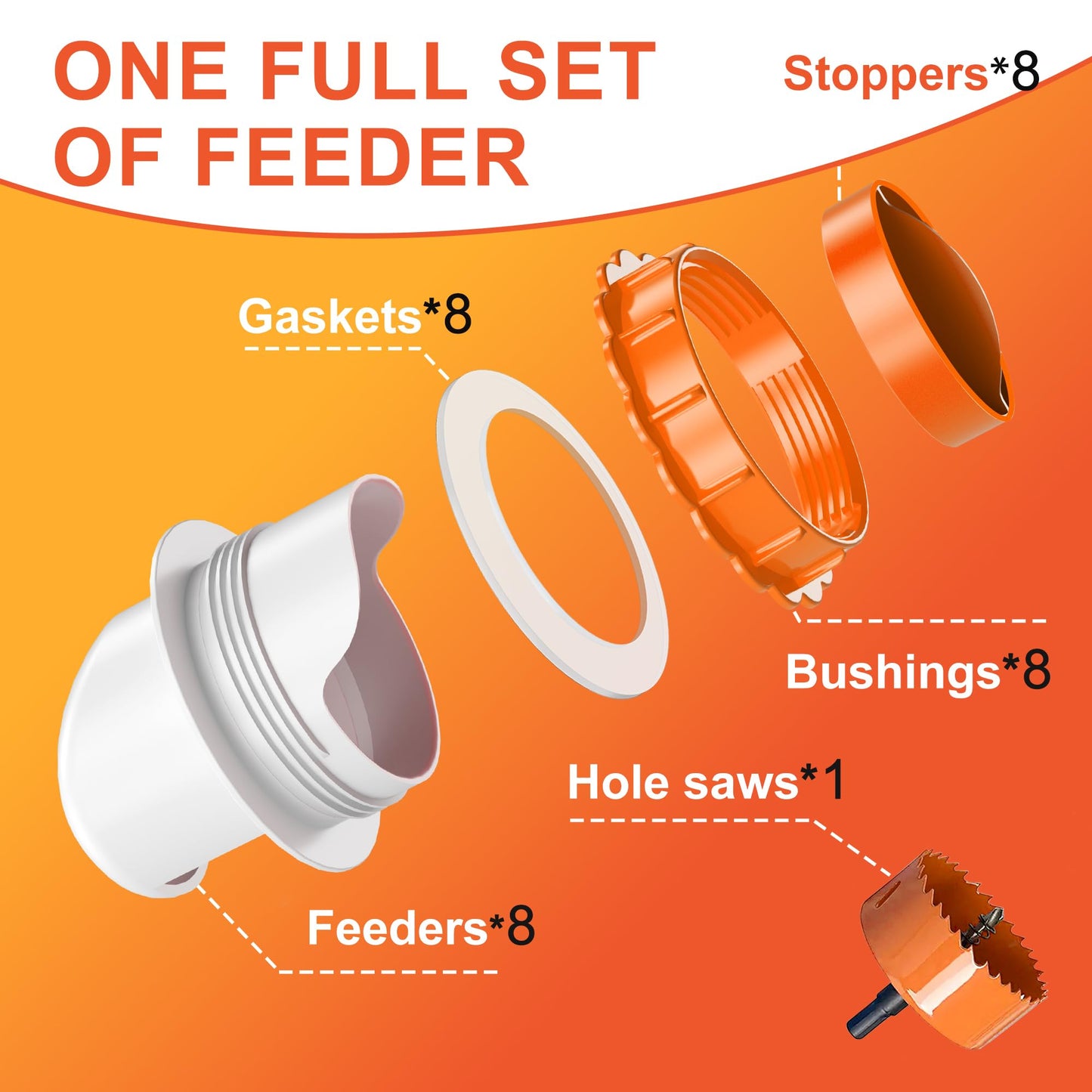 ZenxyHoC DIY Chicken Feeders No Waste, 8 Ports Poultry Feeder with Hole Saw for Buckets Troughs Orange