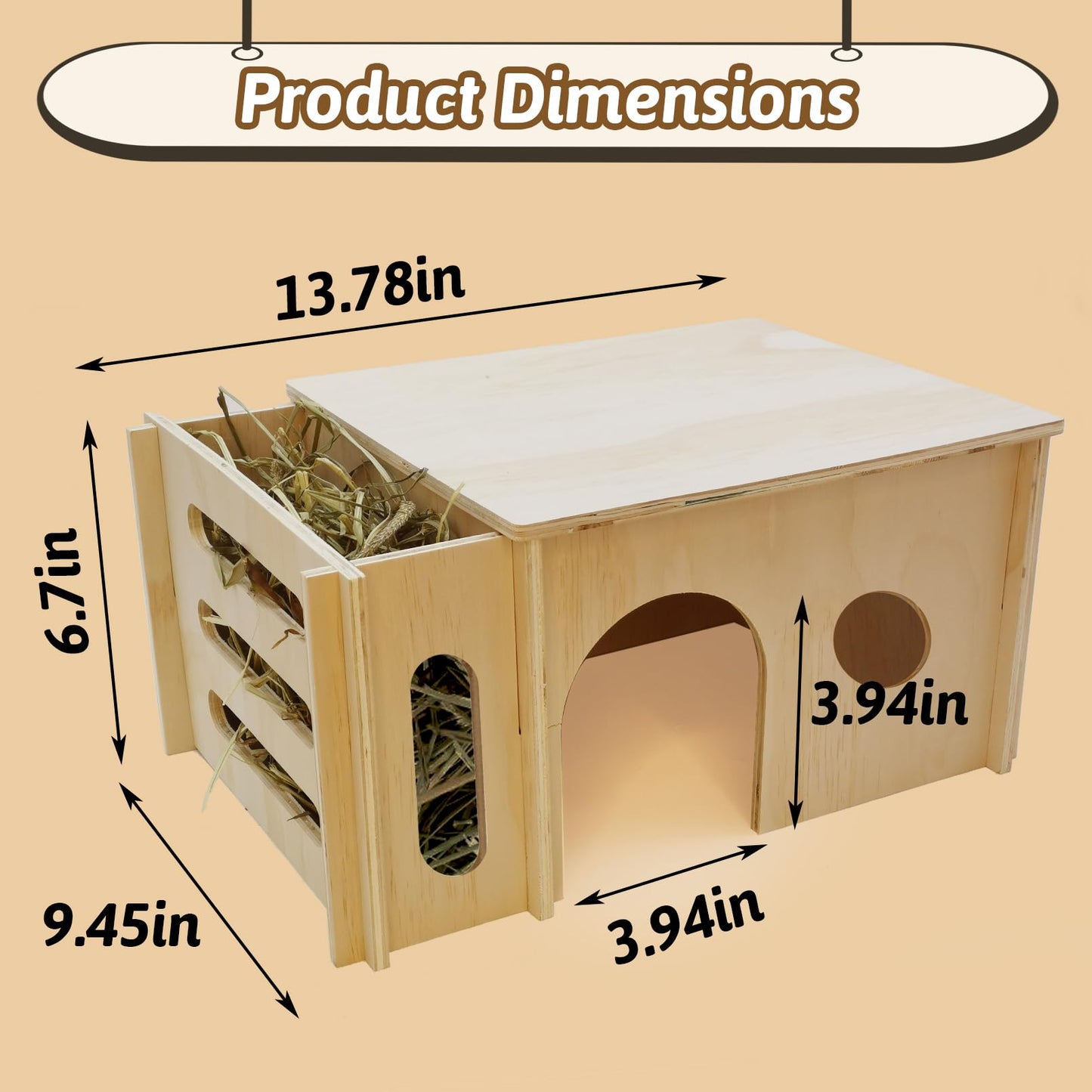 Fhiny Guinea Pig Wood House with Hay Feeder, Detachable Chinchilla Hut Hideout Small Animal Hideout Hideaway Natural Hamster Habitat Decor for Guinea Pig Chinchilla Dwarf Rabbit Hamster