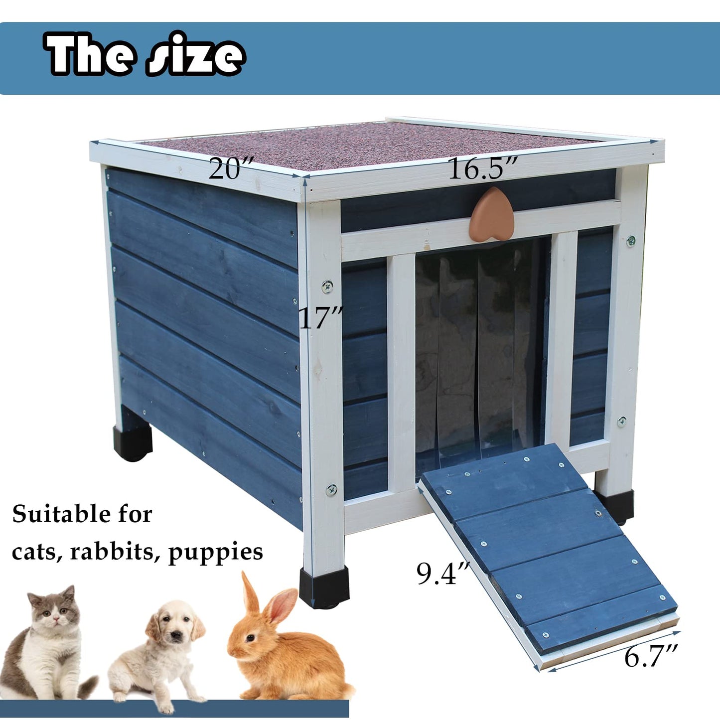 Rockever Outdoor Cat House,Outdoor cat Houses for Feral Cats Weatherproof Rabbit Hutch Small, Wooden Small Pet House and Habitats-Blue