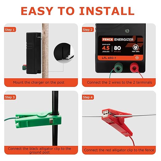 Electric Fence Charger AC Powered 80 Miles 250 Acres, 110 Volt 4.5 Joule Plug-in Electric Fence Energizer, Output Voltage Max 10 kV for Livestock, Preventing Predators from Intruding