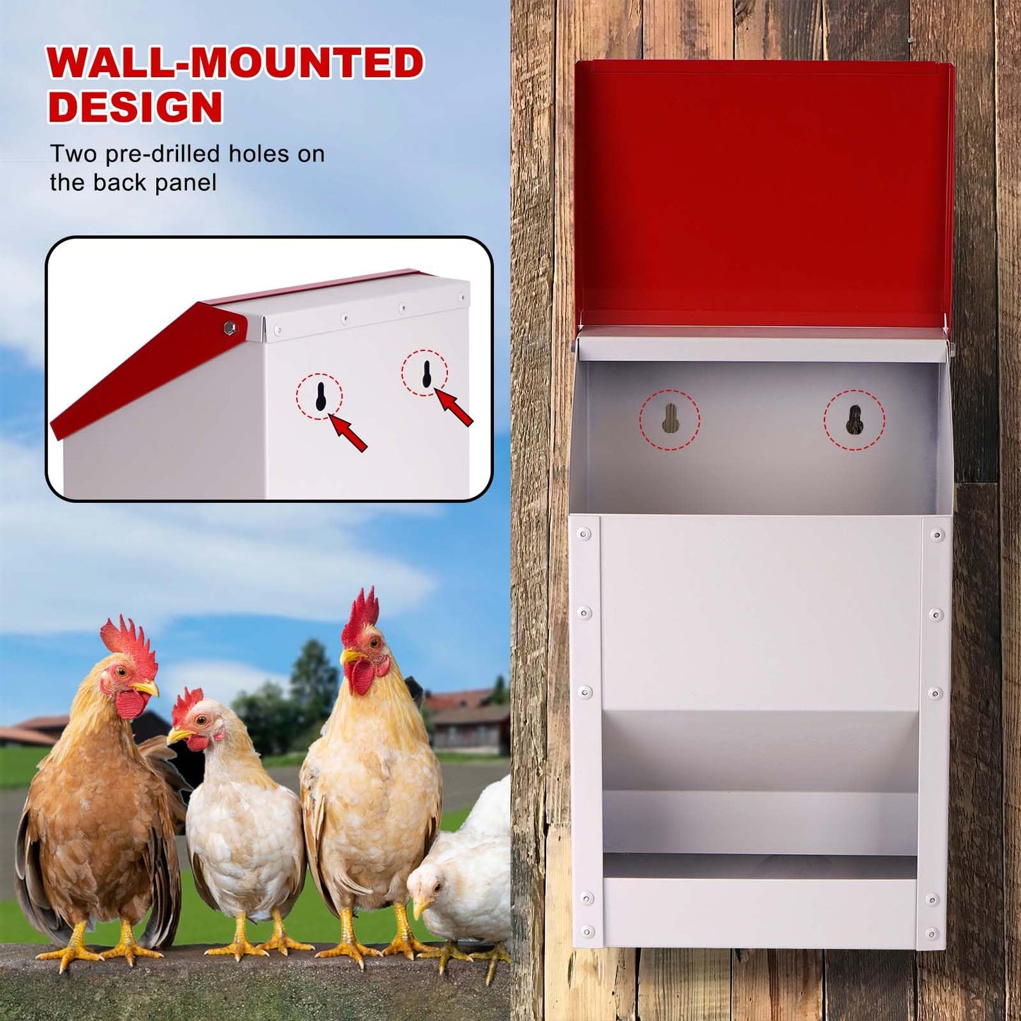 ZHEQOGZH Automatic Metal Chicken Feeder Galvanized Poultry Feeder with Lid Outdoor Wall Mount Chicken Food Dispenser Gravity Fed Chicken Feeder Weatherproof No Waste Quail Duck Feeder (10LBS)