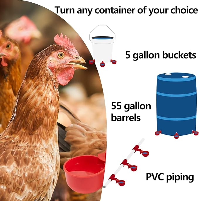 Chicken Waterer Cups 24 Pack Automatic Chicken Water Cups for Poultry LANARP Float Style Gravity Chicken Watering System Poultry Water Feeder Kit Chicken Waterer 5 Gallon with Mounting Hole Opener