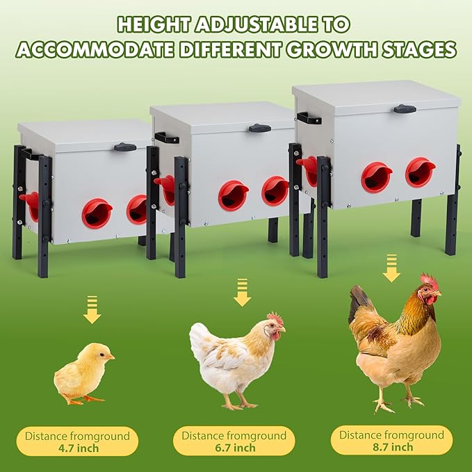 Metal Chicken Feeder with 4 Ports, 30 lbs Metal Poultry Feeder, Height Adjustable Weatherproof Feeding Box for Chickens, Geese, Ducks, Turkeys, Quails