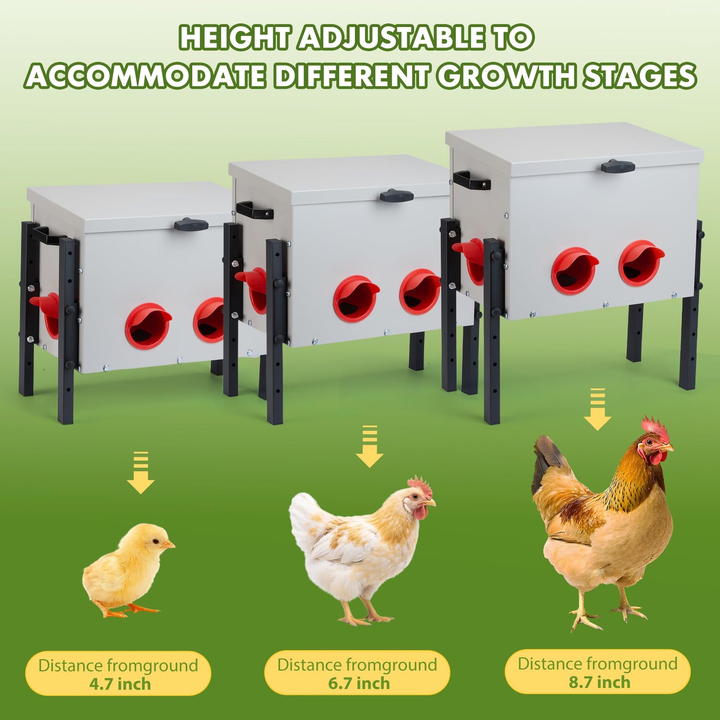GVGBUK Metal Chicken Feeder with 4 Ports, 30 lbs Metal Poultry Feeder, Height Adjustable Weatherproof Feeding Box for Chickens, Geese, Ducks, Turkeys, Quails