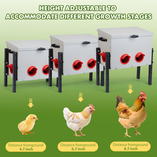 GVGBUK Metal Chicken Feeder with 4 Ports, 30 lbs Metal Poultry Feeder, Height Adjustable Weatherproof Feeding Box for Chickens, Geese, Ducks, Turkeys, Quails