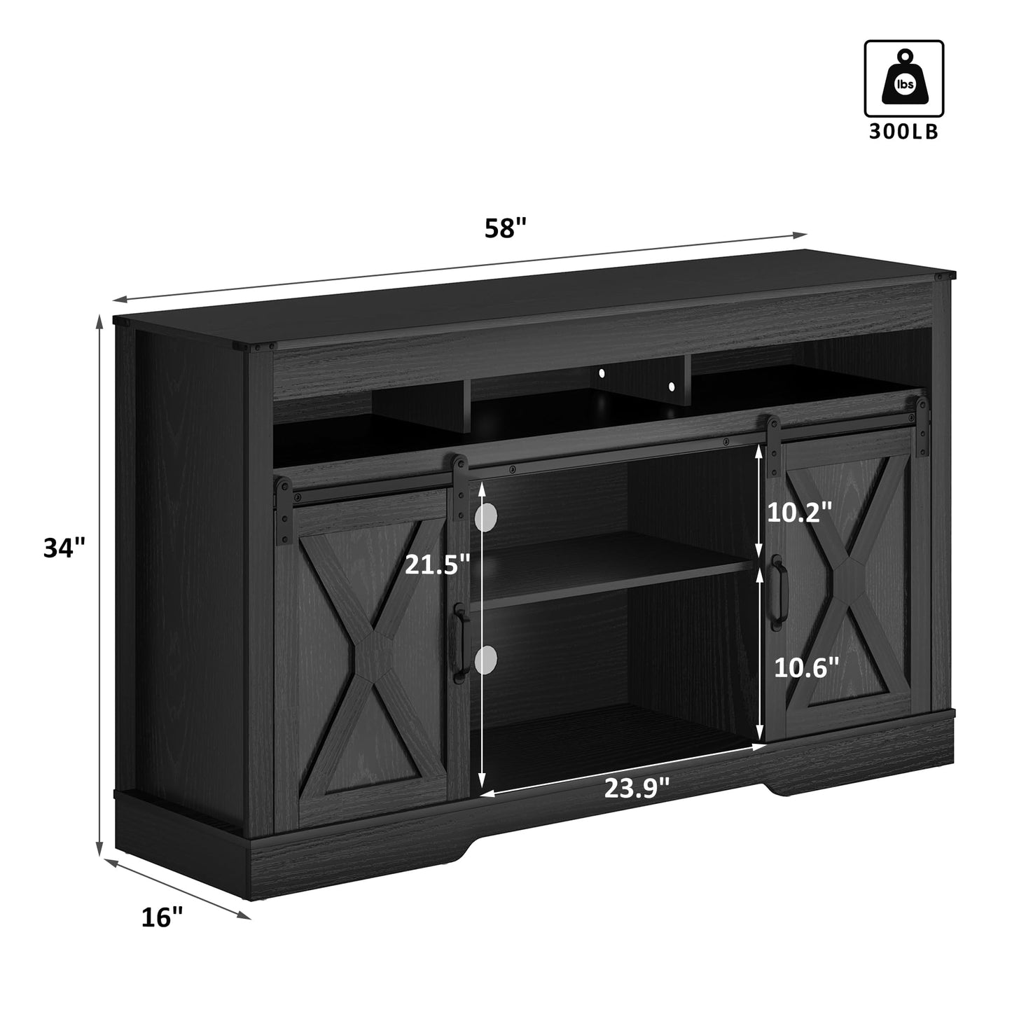 FansaFurn Farmhouse TV Stand for 65+ Inch TV, 34'' Tall Entertainment Center with Sliding Barn Doors, Rustic Wood Media Console Storage Cabinet Television Stand for Living Room, Bedroom (Black)