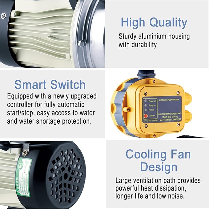 1/2 HP Water Pressure Booster Pump with Smart Controller, 845GPH, 110V, Stainless Steel Well Pump, Automatic Water Transfer Jet Pump for Home, Garden, Lawn, Irrigation