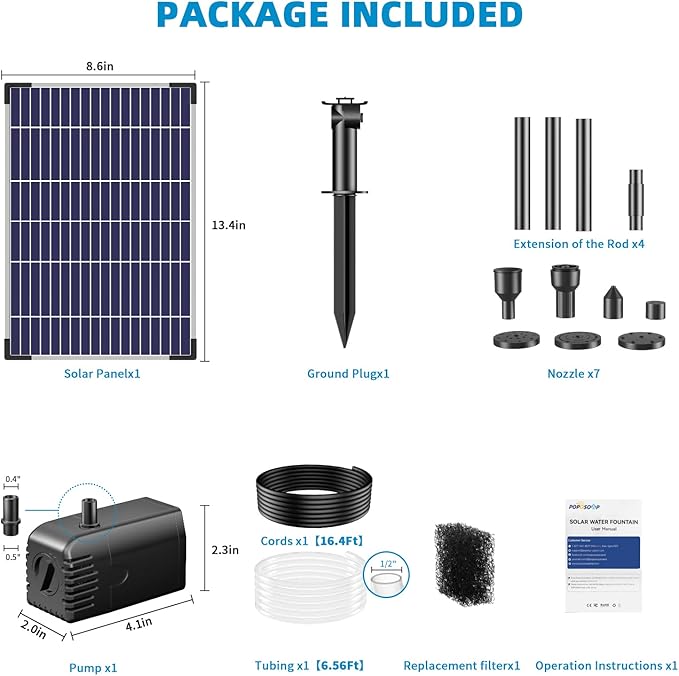 POPOSOAP Solar Water Fountain Pump, 12W Solar Water Pump with Dry Run, Solar Powered Water Pump with Clear Tubing & 17Ft Cord Length for Ponds, Fish Tank, Garden, Waterfall, Hydroponics